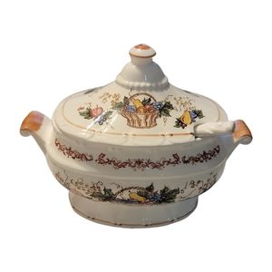 Vintage Japanese Ceramic Soup Tureen with Ladle Fruit and Basket Design